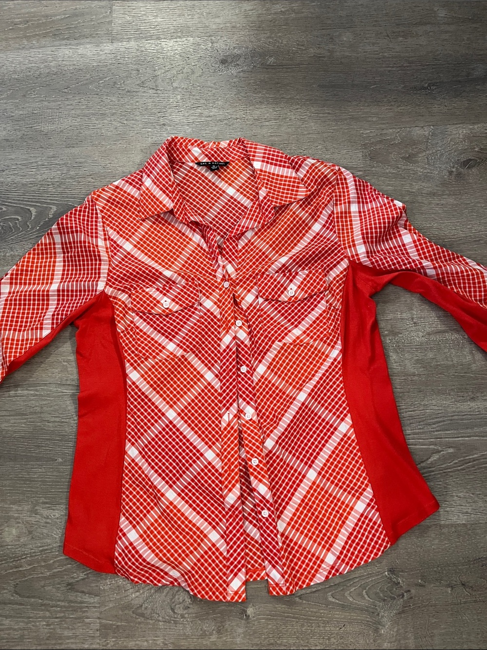 Zac & Rachel Plaid Button-Down Shirt with Solid Side Panels 3/4sleeve size xl